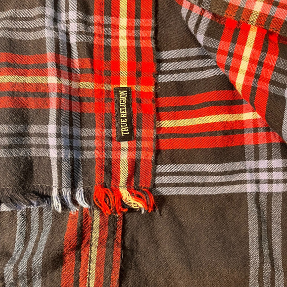 True Religion Shirt Men's M Button Down Raw Edge Slouch Red Blue Plaid Patriotic - Picture 6 of 11